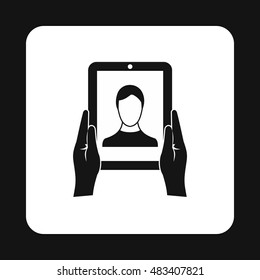 Man taking photo using tablet icon in simple style on a white background vector illustration