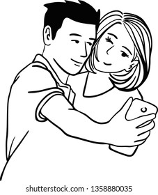 The man is taking photo while hugging his girlfriend.