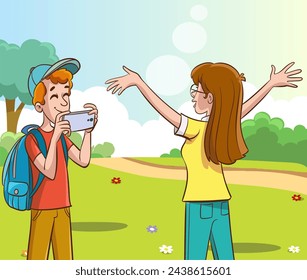 Man taking photo of woman with smartphone. Happy girlfriend posing while boyfriend making shot with mobile phone. Couple with cellphone. Flat vector illustration isolated on white background
