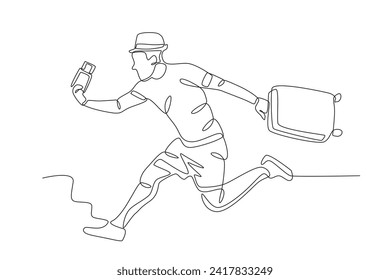 A man is taking photos while on holiday. Travel one-line drawing. Travel one-line drawing
