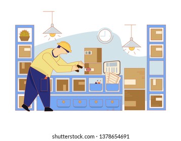 Man taking a picture of a barcode on the packaging shelves with a scanner. Stock. Storekeepers and loader. Reception, inventory accounting, accounting and organization of delivery of goods stored