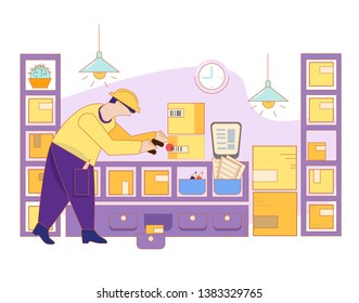 Man taking a picture of a barcode on the packaging shelves with a scanner. Stock. Storekeepers and loader. Completion and warehousing. Inventory work. Work in a warehouse