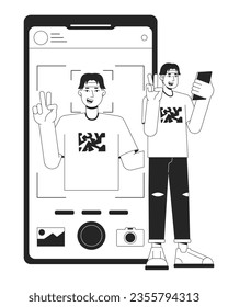 Man taking picture bw concept vector spot illustration. Selfie on front camera. Man doing v sign 2D cartoon flat line monochromatic character for web UI design.editable isolated outline hero image