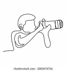 Man taking a picture with camera. Line art vector illustration. photographer, landscape, nature, digital, modern. high resolution eps Used for backgrounds, media, symbols, icons. Isolated on white.