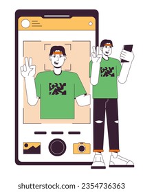 Man taking picture flat line concept vector spot illustration. Selfie on front camera. Man doing v sign 2D cartoon outline character on white for web UI design. Editable isolated color hero image