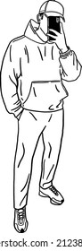 Man taking picture on Mobile phone Selfie Social media Hand drawn line art illustration
