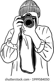 Man taking picture People holding camera Hand drawn line illustration