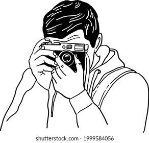 Man taking picture People holding camera Hand drawn line illustration