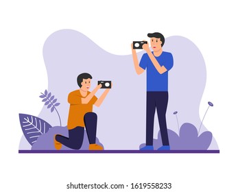 Man taking picture with pocket camera. Photographers taking photo with digital cameras. Flat cartoon vector illustration