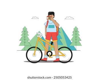 Man taking a picture of scenery with a camera, cycling to relax into nature. Character design. Vector flat illustration