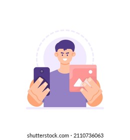 man taking a picture or selfie. take a photo of his own face and show an identity card. self verification or information. flat cartoon style. vector design illustration. landing page, ui, elements