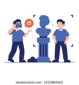 Um homem está tirando uma foto de uma estátua. Ele está usando uma câmera. O homem está sorrindo e a estátua está olhando para a câmera.