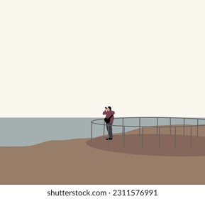 Man taking pictures of beach around him with camera to post them on his social media accounts. Happy holidays concept.