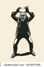 Man Taking Pictures With His Smartphone. Drawing Style. Vector illustration.
