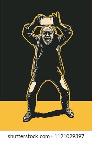 Man Taking Pictures With His Smartphone. Drawing Style. Vector illustration.