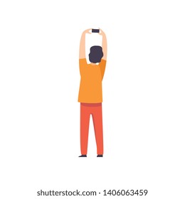 Man Taking Pictures with Raised Hands at Open Air Festival, Back View, Outdoor Summer Concert Vector Illustration