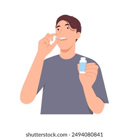 Man taking pills capsules to treat pain. Guy being treated with painkillers or antibiotics. Healthcare with taking vitamins and supplements. Vector illustration