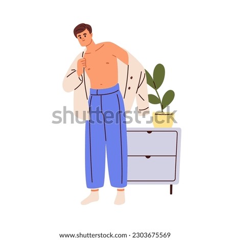 Man taking putting on shirt. Young person standing, dressing up casual clothes, apparel, getting ready for office, work. Wearing process. Flat vector illustration isolated on white background