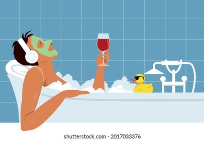 Man taking a relaxing bubble bath and drinking red wine, listening for music, EPS 8 vector illustration	