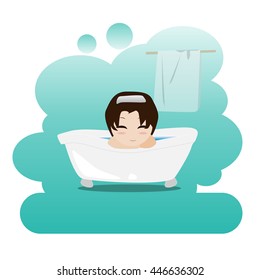 Man taking a relaxing bubble bath in the bathroom. Shower. Picture on personal hygiene. Vector illustration. EPS10
