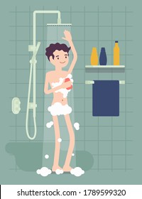 Man taking a relaxing shower and soaping with foam. Guy standing in a bathroom enjoys having morning personal hygiene routine and healthy pleasure spa procedure. Vector flat style cartoon illustration