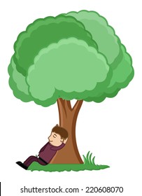 Man Taking Rest Under a Tree - Cartoon Vector Illusatrtion