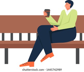 Man taking rest while sitting on bench with cup of coffee, vector flat style design illustration isolated on white background. Walk in the park concept for web banner, website page etc.