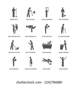 Man Taking a Selfie, Diving, Singer with Microphone, Drinking, Carry Garbage, Bathing, Showering icon 16 set EPS 10 vector format. Icons optimized for both large and small resolutions.