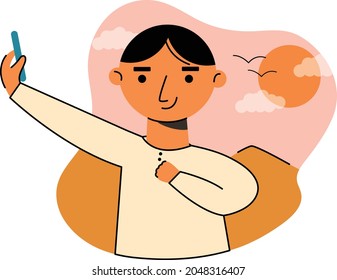 Man taking a selfie during sunset flat vector illustration