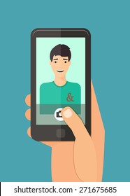 Man taking selfie. Hand holding smartphone vector illustration.
