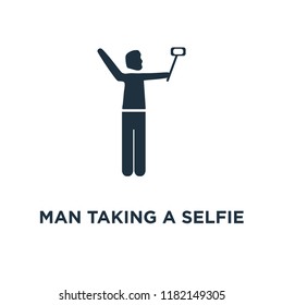 Man Taking a Selfie icon. Black filled vector illustration. Man Taking a Selfie symbol on white background. Can be used in web and mobile.