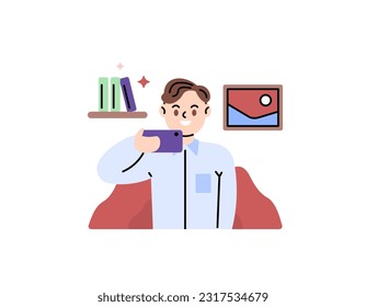 A man taking a selfie inside the house. Posing in front of the smartphone camera. Taking self pictures using a smartphone. wear a white shirt. handsome and cool. formal wear. Flat and minimalist