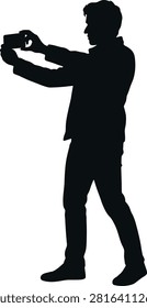 Man taking selfie, modern technology, vector art, isolated on background.