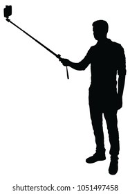 Man taking selfie monopod with mobile phone picture vector silhouette illustration isolated withe background
