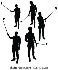 Man taking selfie monopod with mobile phone picture vector silhouette illustration isolated with background