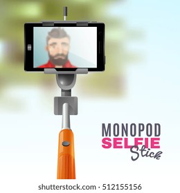 Man taking selfie on mobile phone with monopod stick cartoon vector illustration
