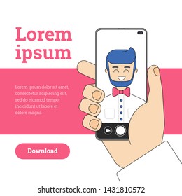 Man taking selfie on modern smartphone with in screen selfie camera. Selfie poster with hipster holding smartphone.