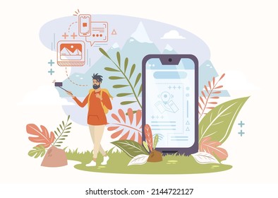 Man taking a selfie on the mountain after looking up the trip on his smartphone. Vector illustration.