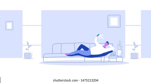 man taking selfie on smartphone camera casual guy lying on couch social media networks communication concept modern living room interior sketch doodle horizontal full length