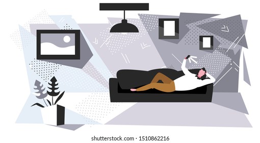 man taking selfie on smartphone camera guy lying on couch social media networks communication concept modern living room interior sketch horizontal full length