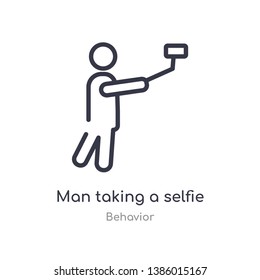man taking a selfie outline icon. isolated line vector illustration from behavior collection. editable thin stroke man taking a selfie icon on white background
