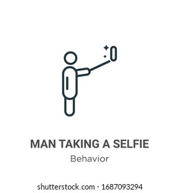 Man taking a selfie outline vector icon. Thin line black man taking a selfie icon, flat vector simple element illustration from editable behavior concept isolated stroke on white background