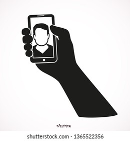 Man taking selfie photo on smartphone. Male face portrait on cellphone screen. Cartoon vector illustration. 