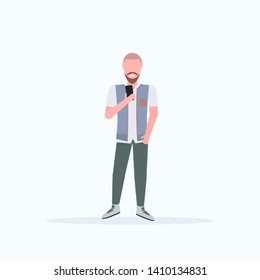man taking selfie photo on smartphone camera casual male cartoon character posing on white background flat full length