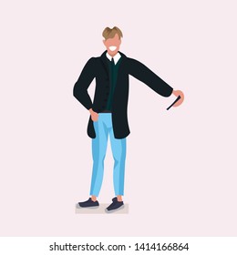 man taking selfie photo on smartphone camera casual businessman wearing coat male cartoon character posing flat full length