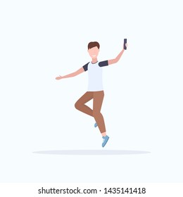 man taking selfie photo on smartphone camera casual male cartoon character jumping posing white background flat full length