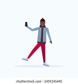 man taking selfie photo on smartphone camera african american male cartoon character posing white background flat full length