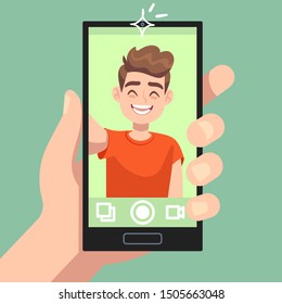 Man taking selfie photo on smartphone. Smiling male character making selfie photo with smartphone camera in hand flat vector happy portrait and cute photography self concept