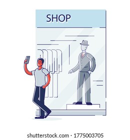 Man taking selfie photo on smartphone camera over boutique showcase. Modern african american character make self portrait with smart phone over shop window. Linear vector illustration