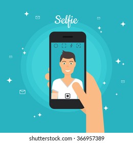 Man Taking Selfie Photo on Smart Phone. Vector illustration.
